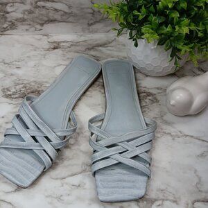 MARC FISHER VARRO Women Leather Strappy Slide Square Toe Light Blue Sandals Sz.9